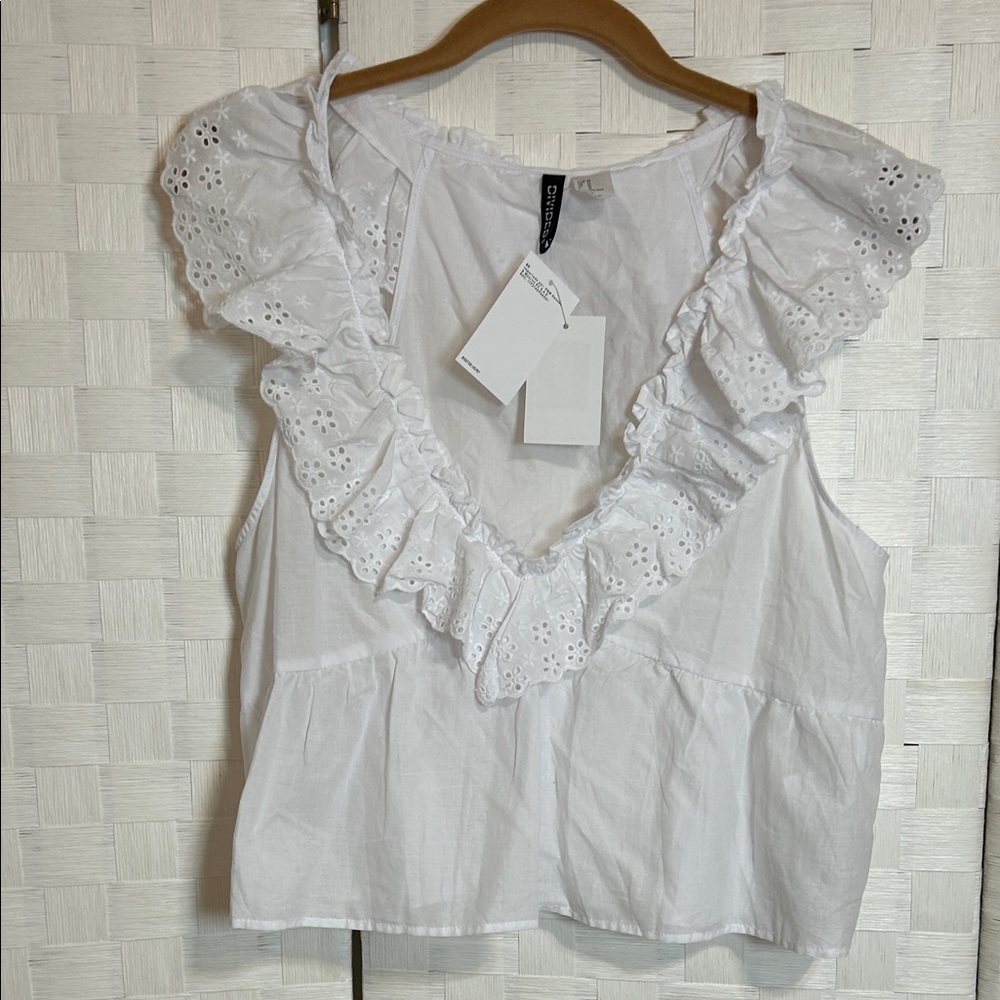 Divided White Ruffle Eyelet Blouse